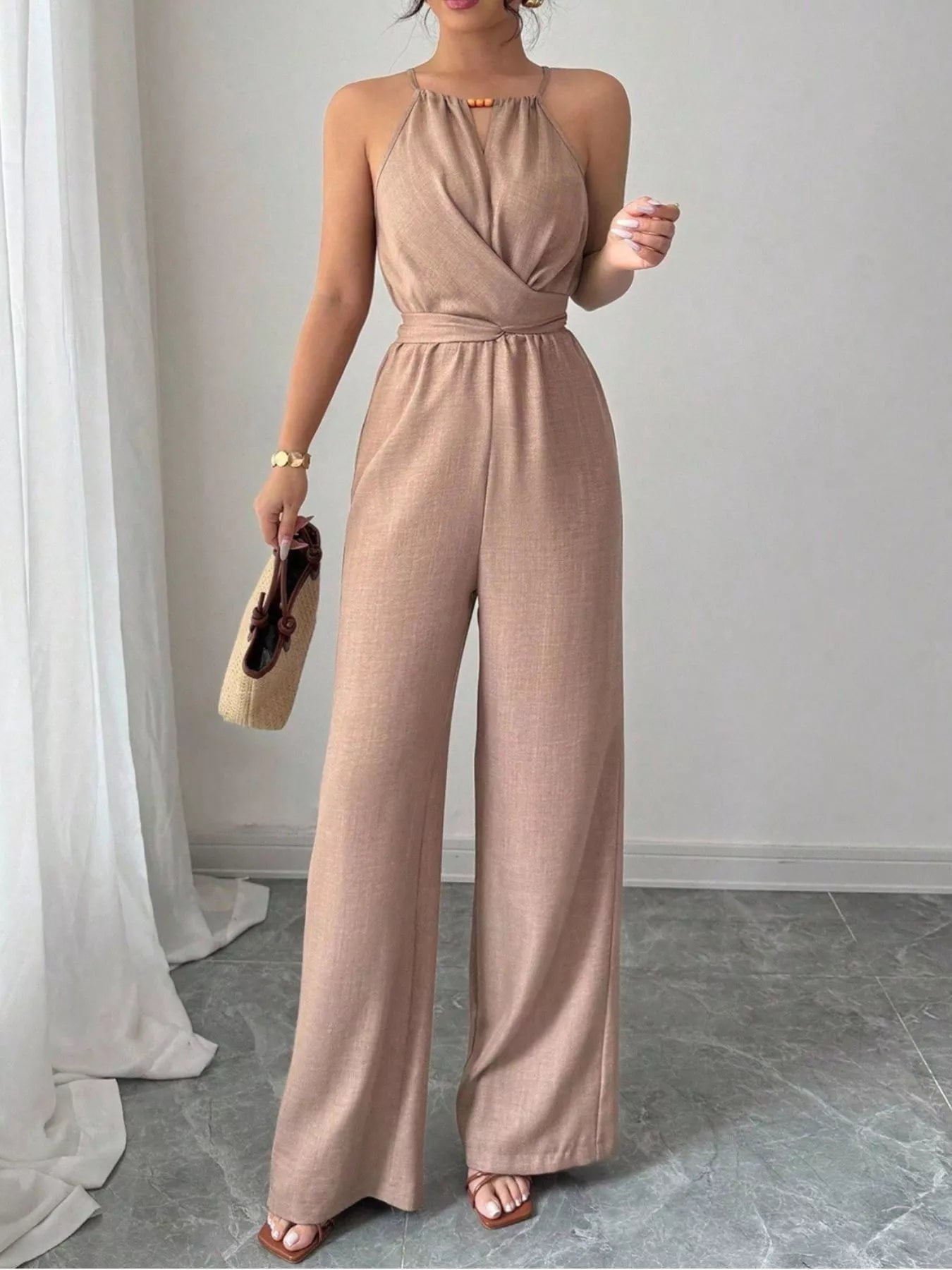 Trendsi Sleeveless Tie Waist Wide-Leg Jumpsuit -