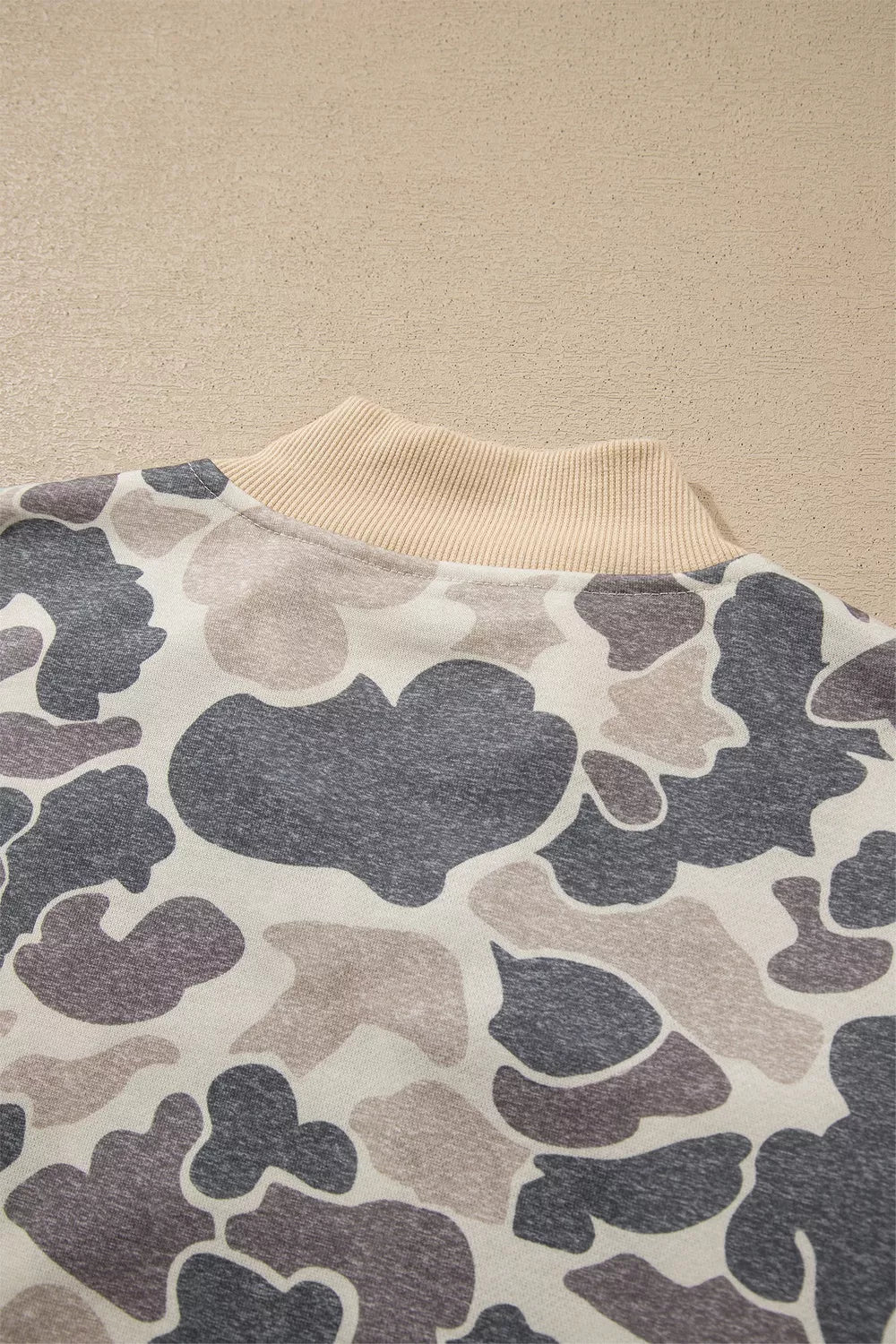 Green Camouflage camouflage print color block trim zip bomber sweatshirt, back view