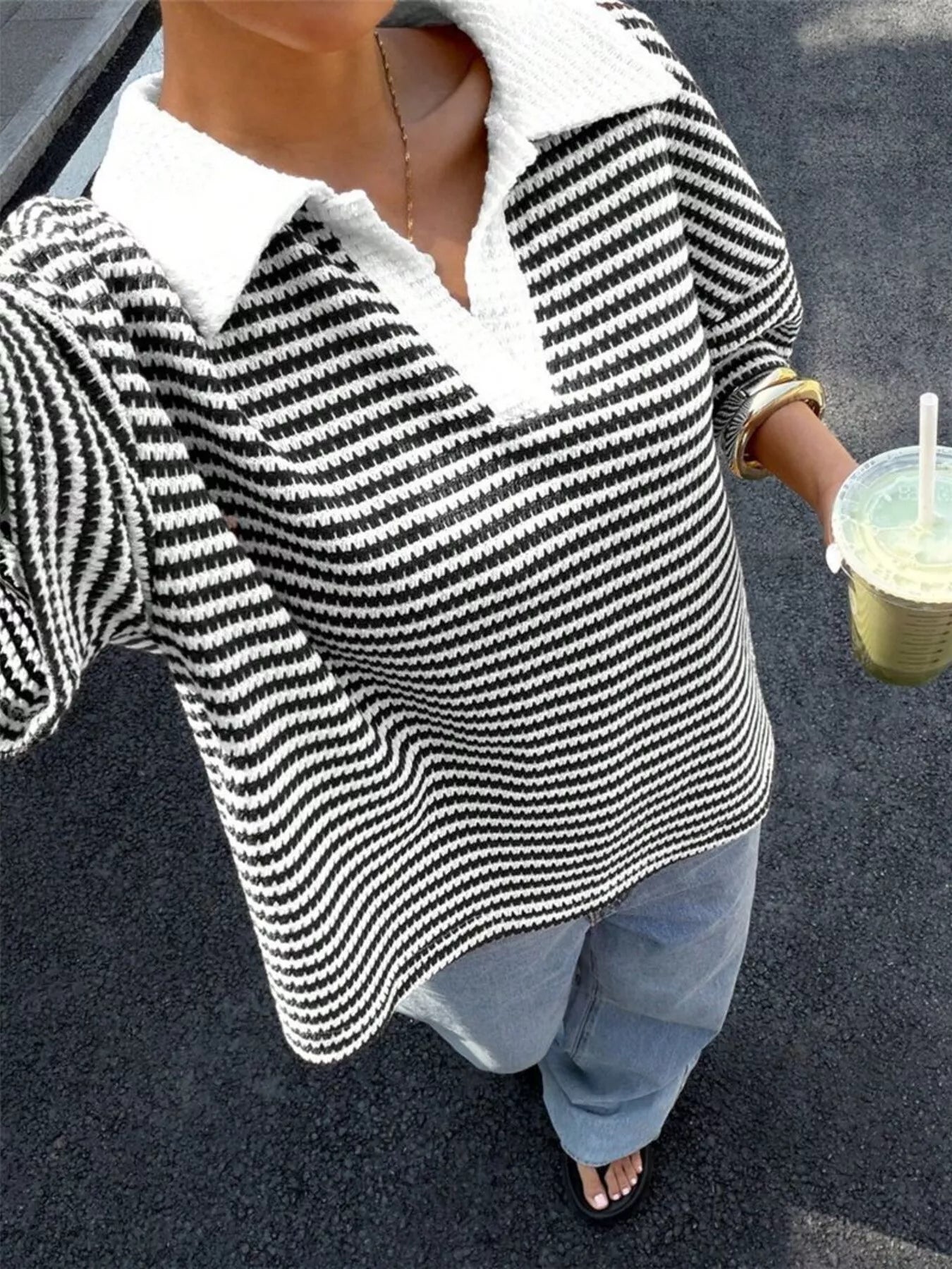 Trendsi Striped Knit 3/4 Sleeve Polo Top -