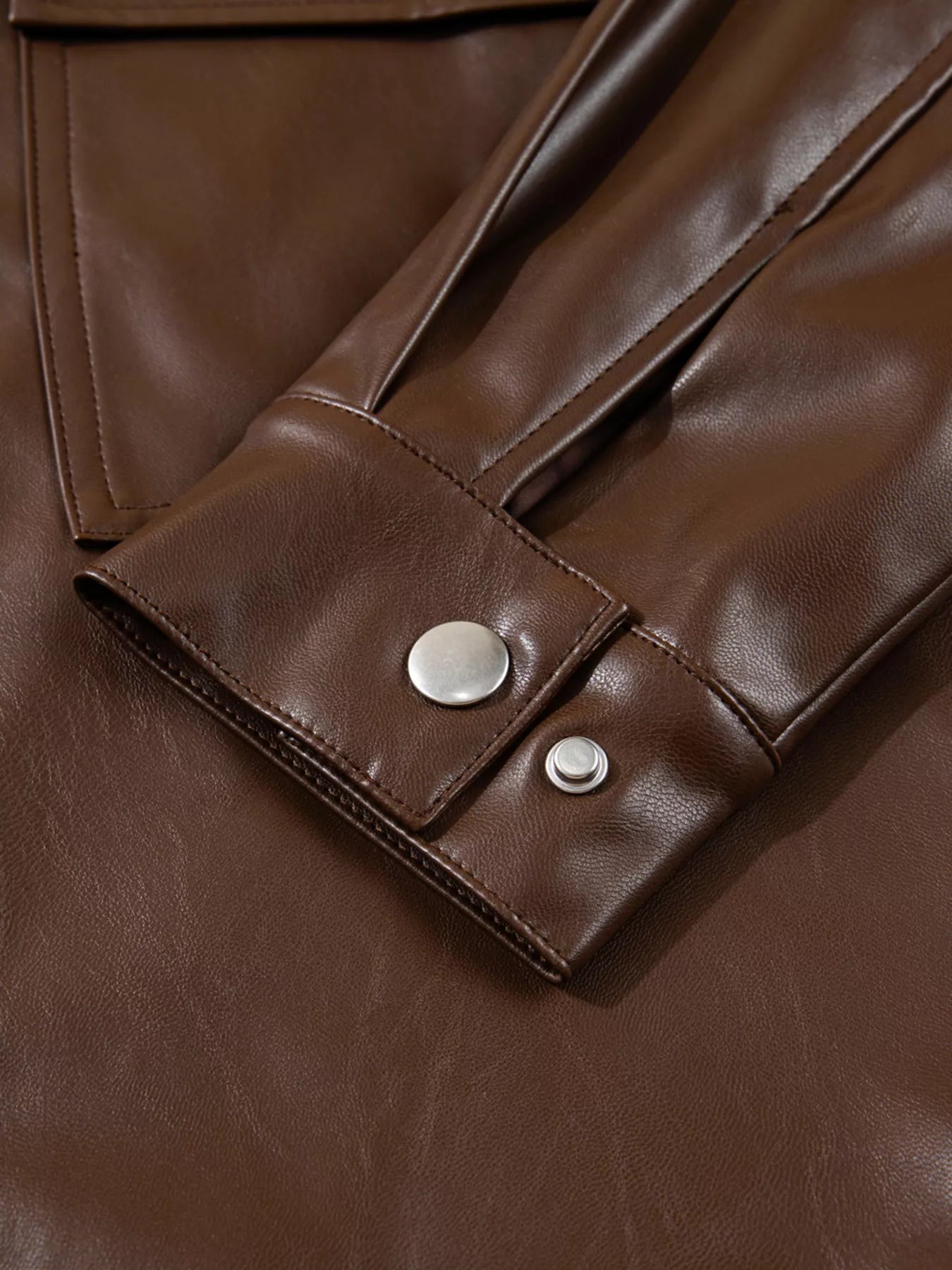 Trendsi Double Flap Pocket Drawstring Hem Leather Jacket -