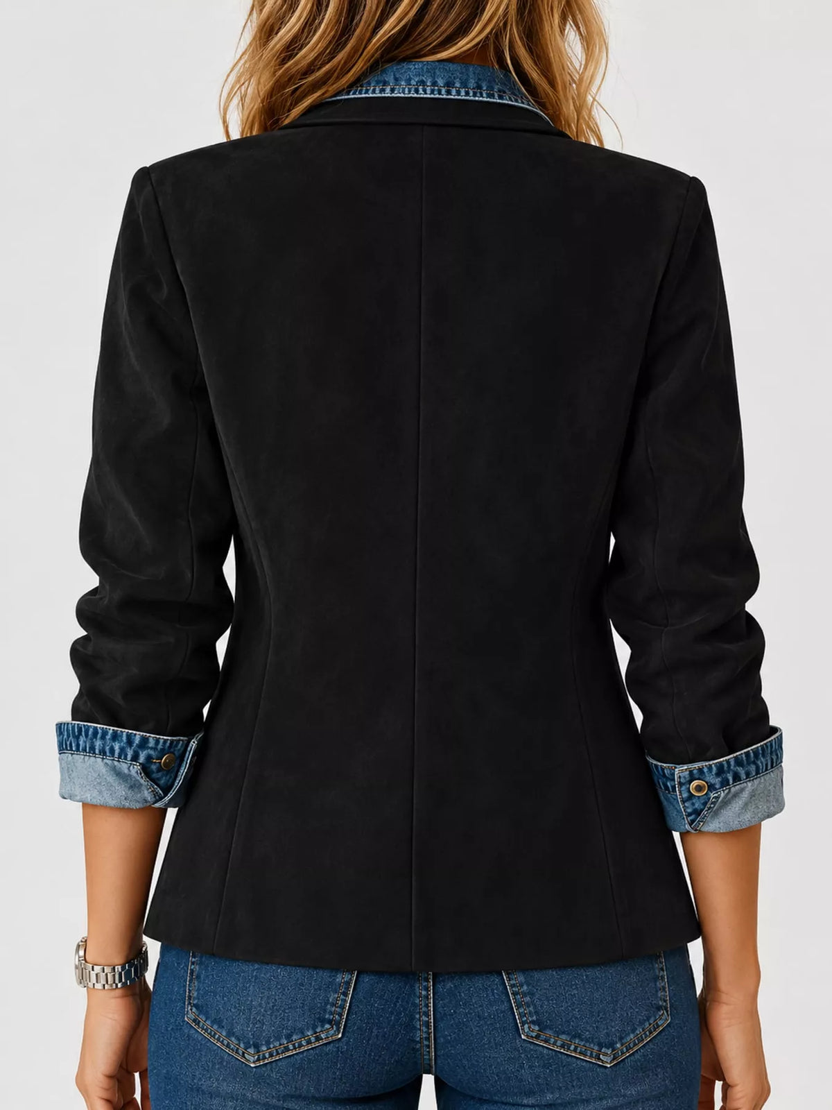 Black lapel collar button-up blazer — back view