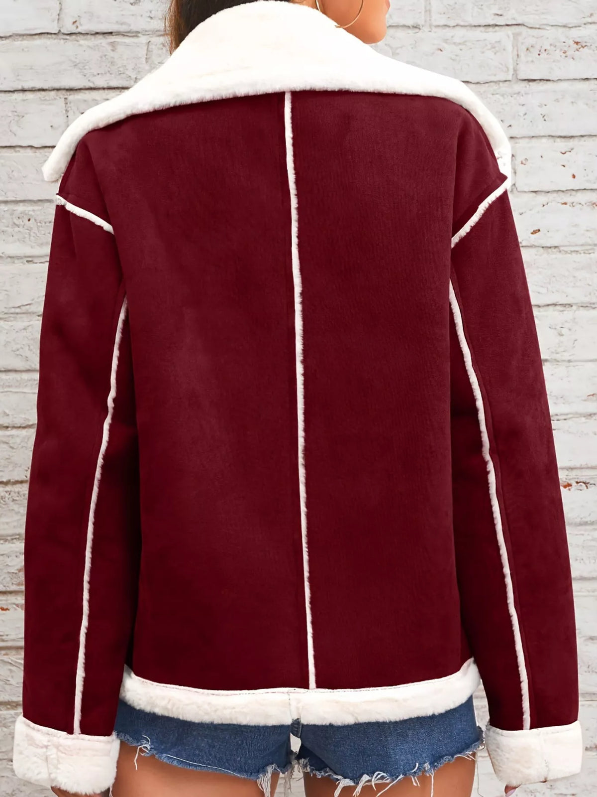 Burgundy plush-lined button-front jacket — back view