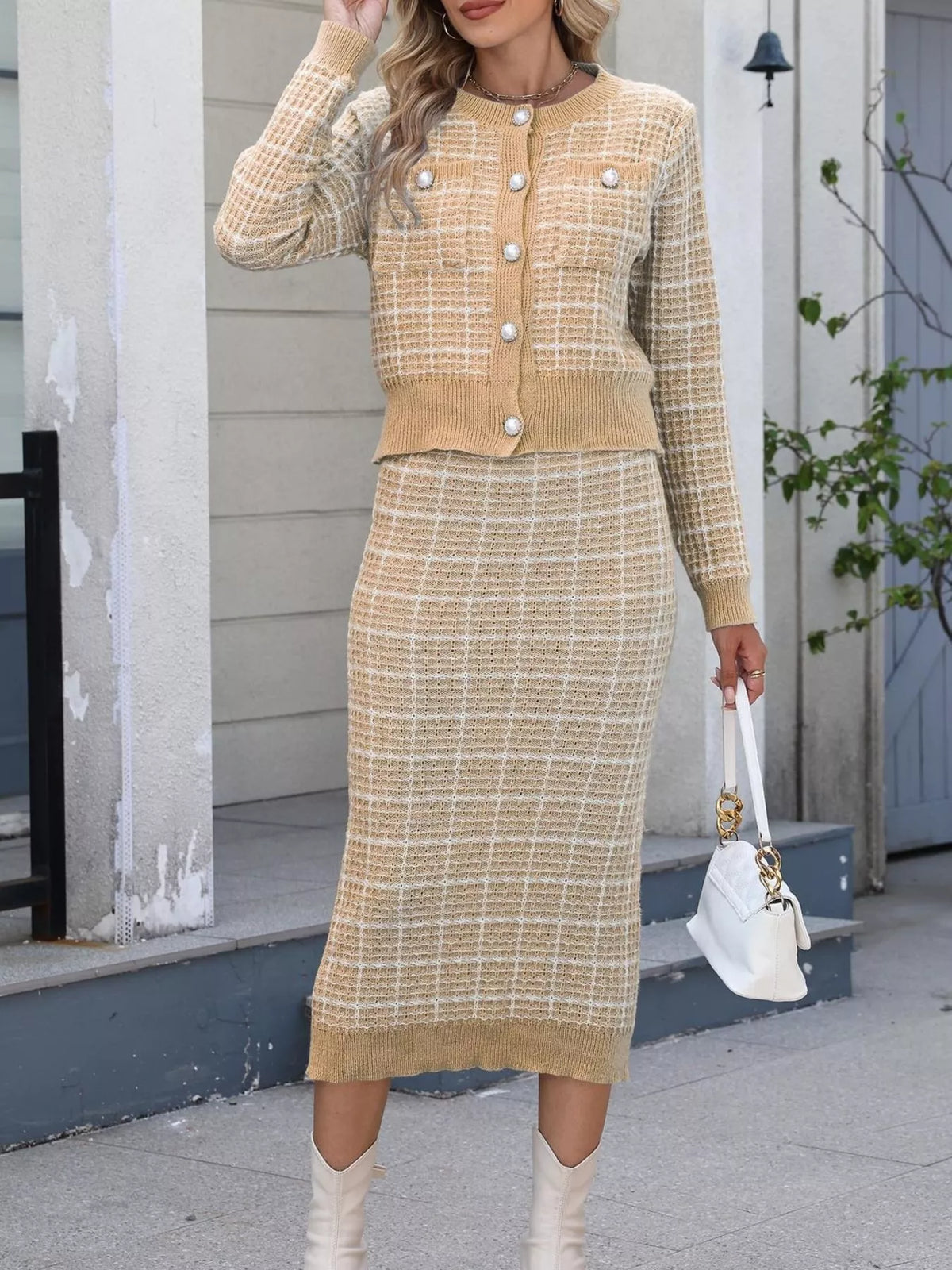 Plaid Cardigan and Midi Skirt Set