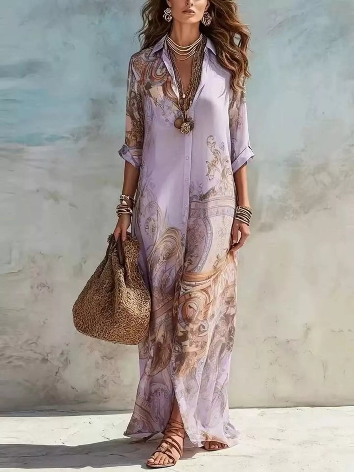 Trendsi Full Size Printed Button Down Roll-Up Sleeve Shirt Maxi Dress Plus Size -