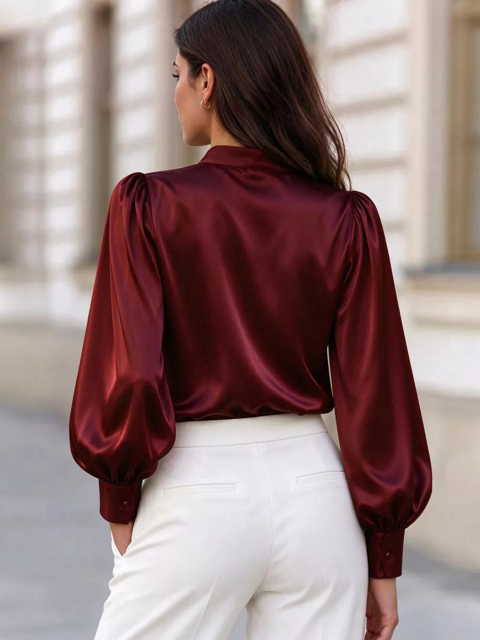 Burgundy satin long sleeve shirt, back view