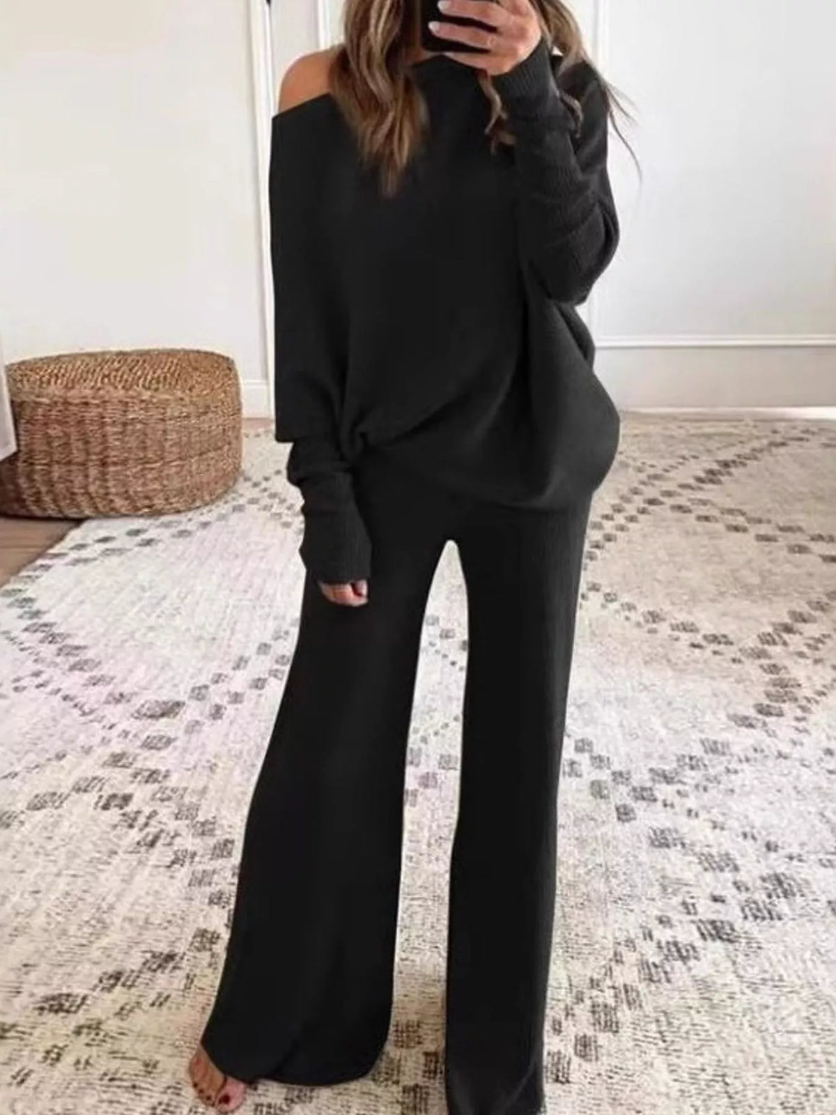 Asymmetric neck long sleeve outfit set, front view on model