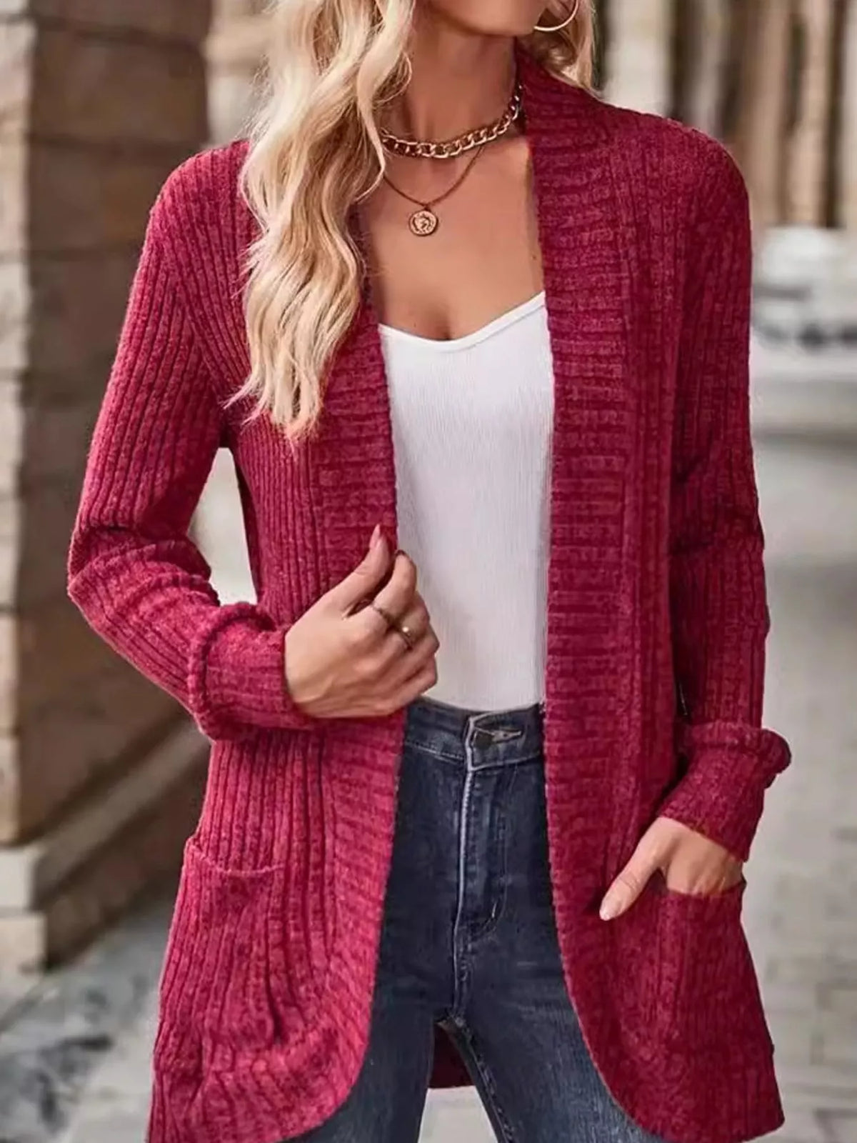 Ribbed Knit Open Front Cardigan with Pockets — front view