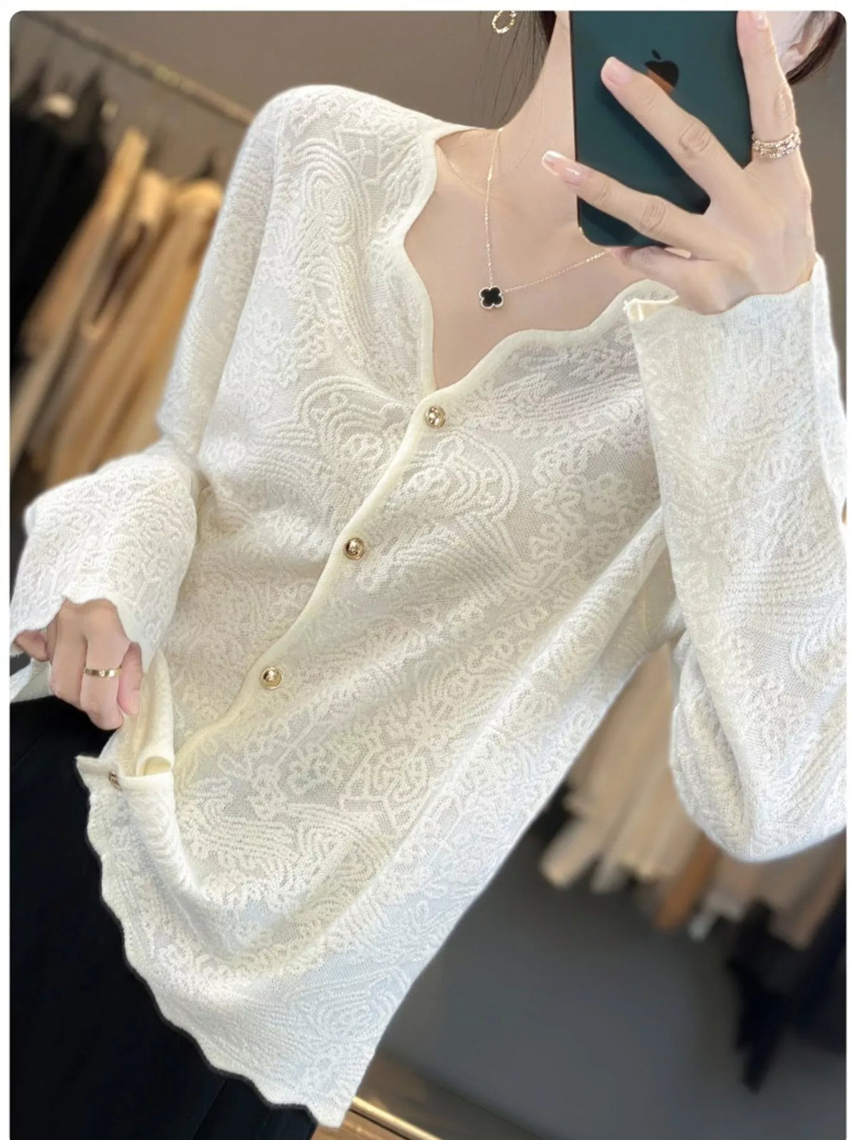 Lace-trim cardigan, cream front