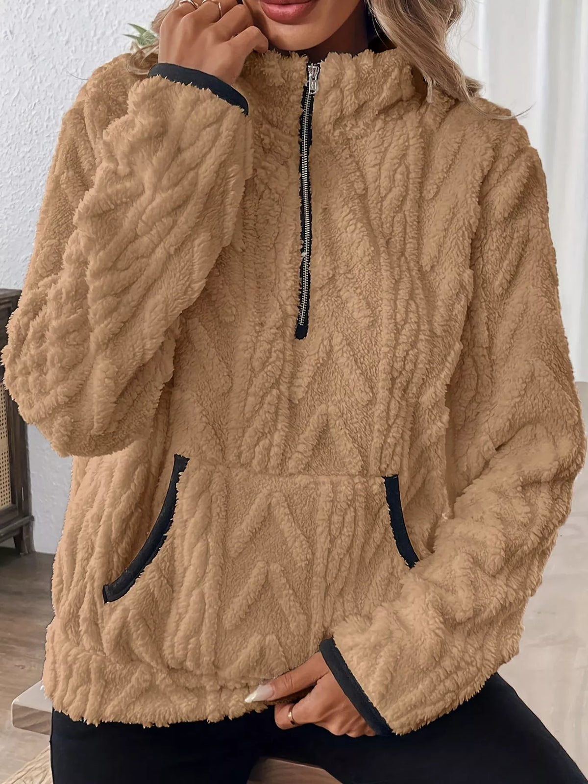 Women's Quarter-Zip Sherpa Sweatshirt in camel — front view