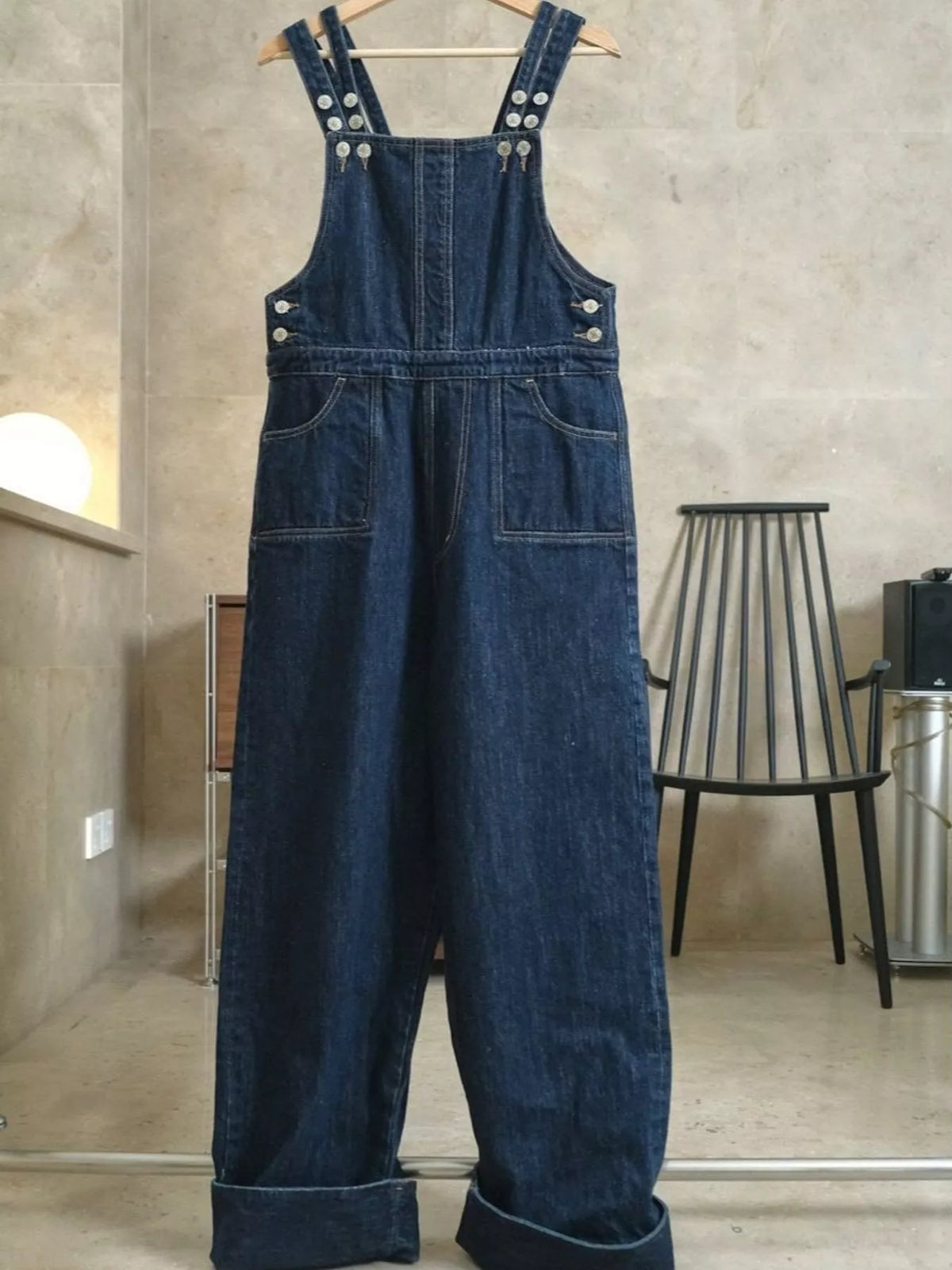 Women's Vintage Dark Wash Wide-Leg Denim Overalls in dark blue — flat lay view