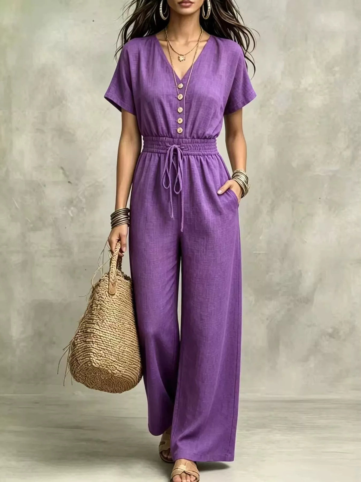 Magenta wide-leg short-sleeve jumpsuit