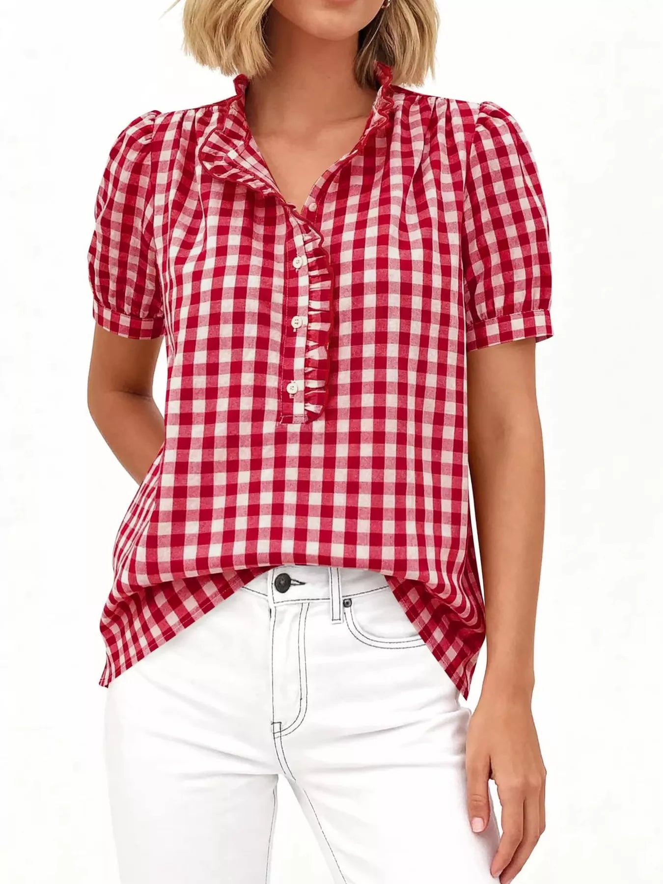 Trendsi Gingham Button Front Puff Sleeve Blouse -