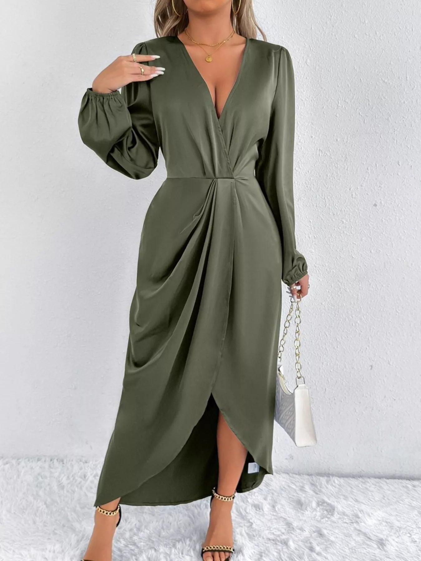 Trendsi Satin Balloon Sleeve Midi Dress -