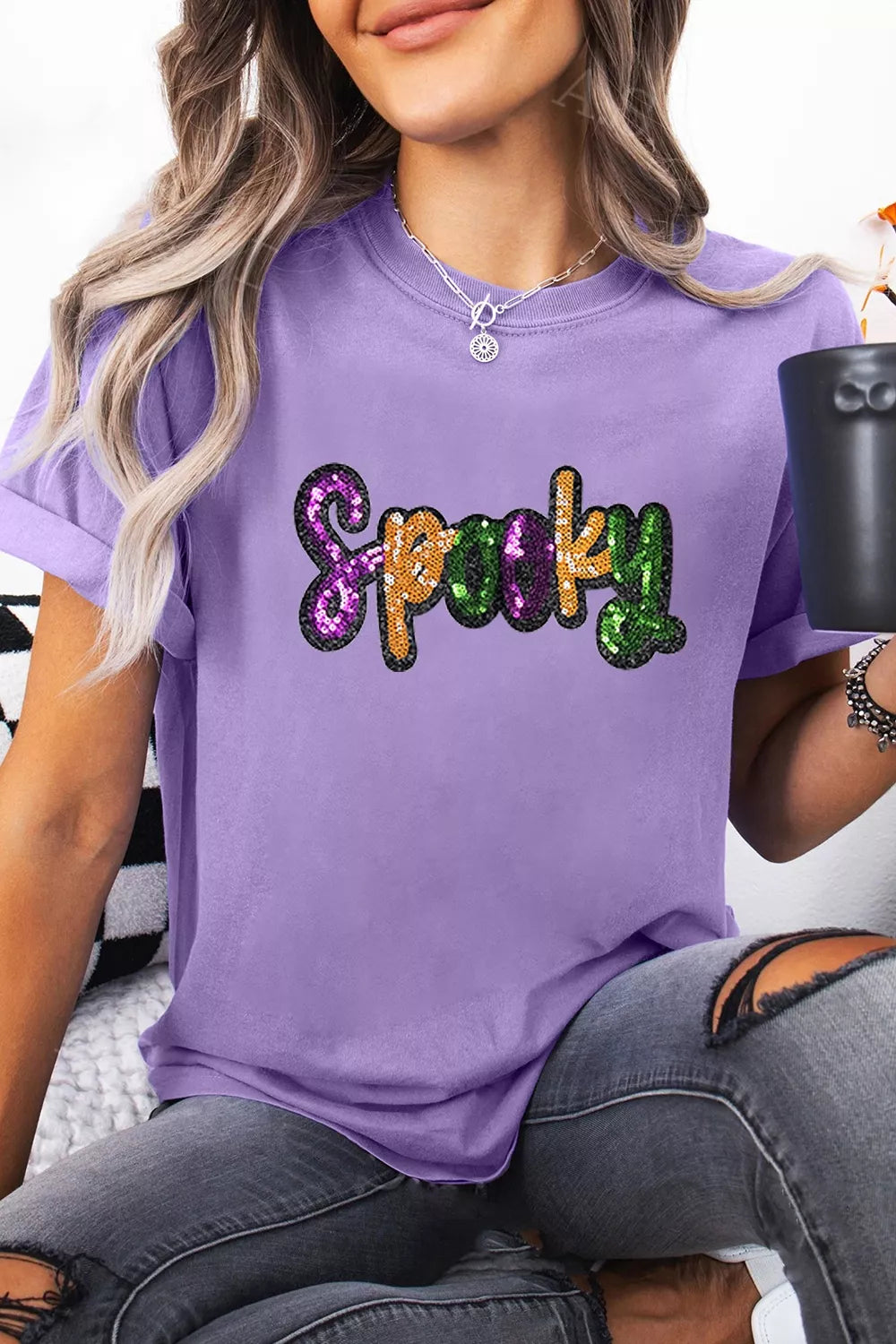 Trendsi Full Size Spooky Sequin Letter Patched Cotton Blend T Shirt Plus Size -