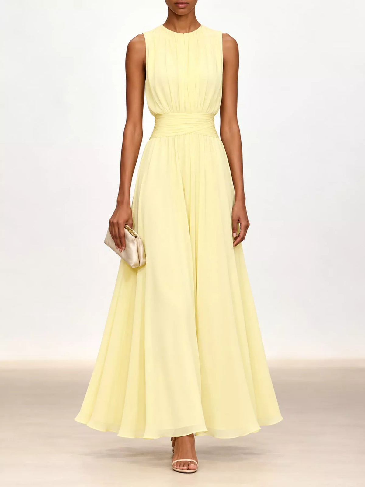 Yellow sleeveless ruched chiffon maxi dress, front view