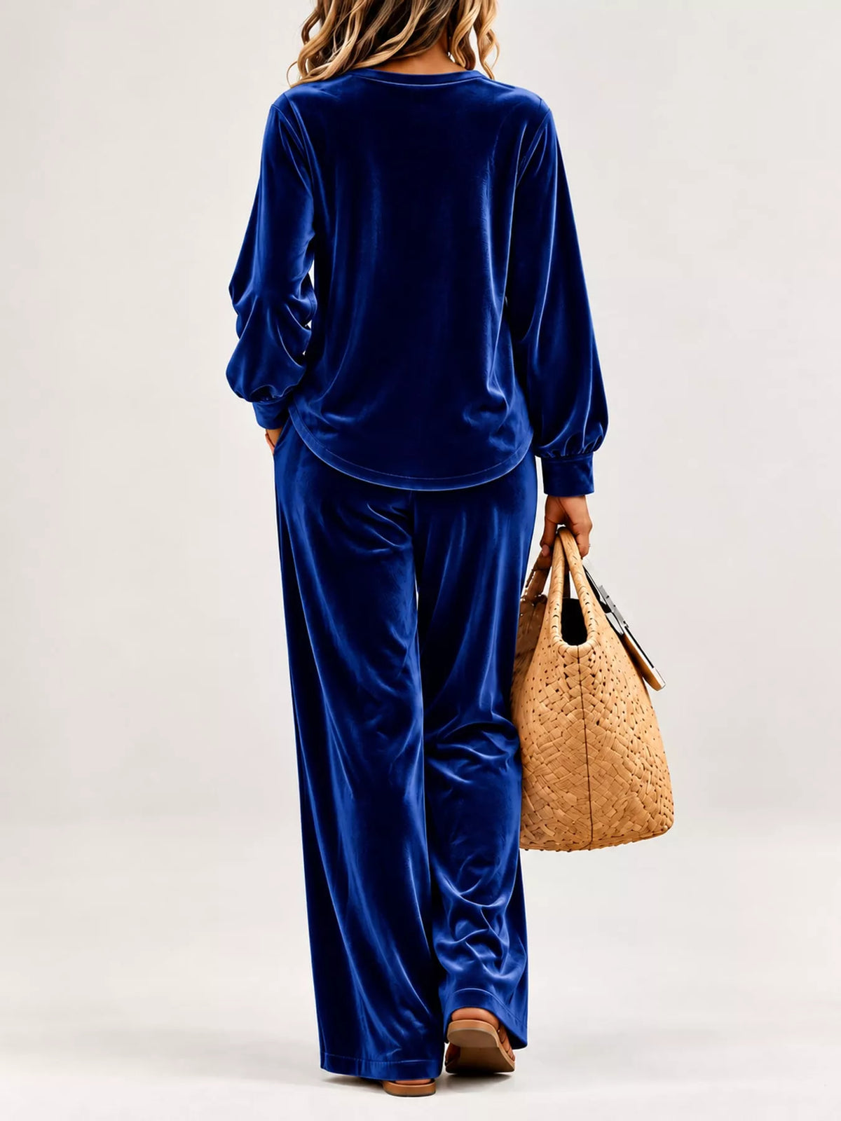 Navy decorative button top and pants set — back view