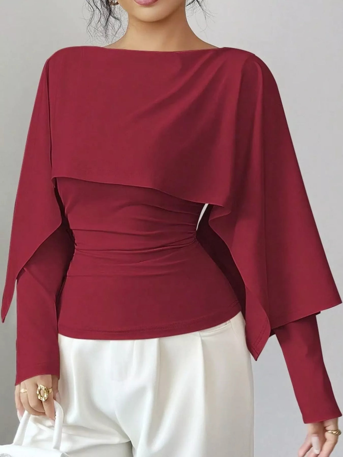 Layered Cape-Style Blouse with Slim-Fit Bodice — front view