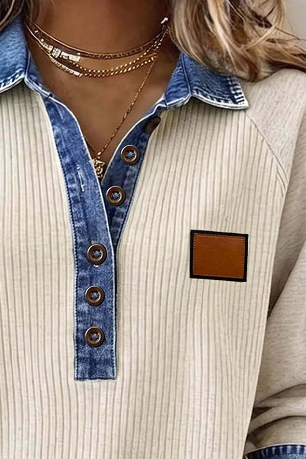 Women's Ribbed Knit Denim Contrast Trim Top in Beige, detail view