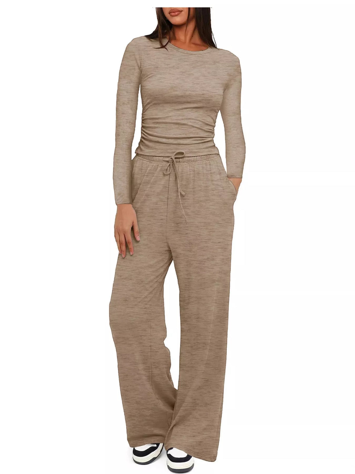 Long Sleeve Ruched Top and Wide-Leg Drawstring Pants Set — front view