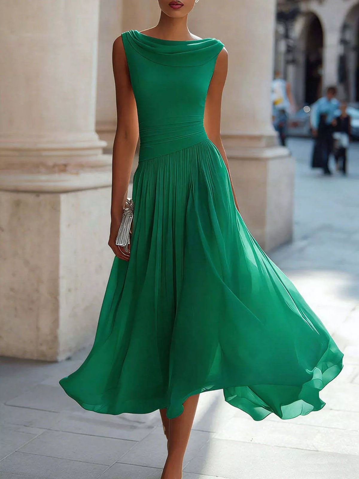 Green sleeveless boat neck midi dress — front view