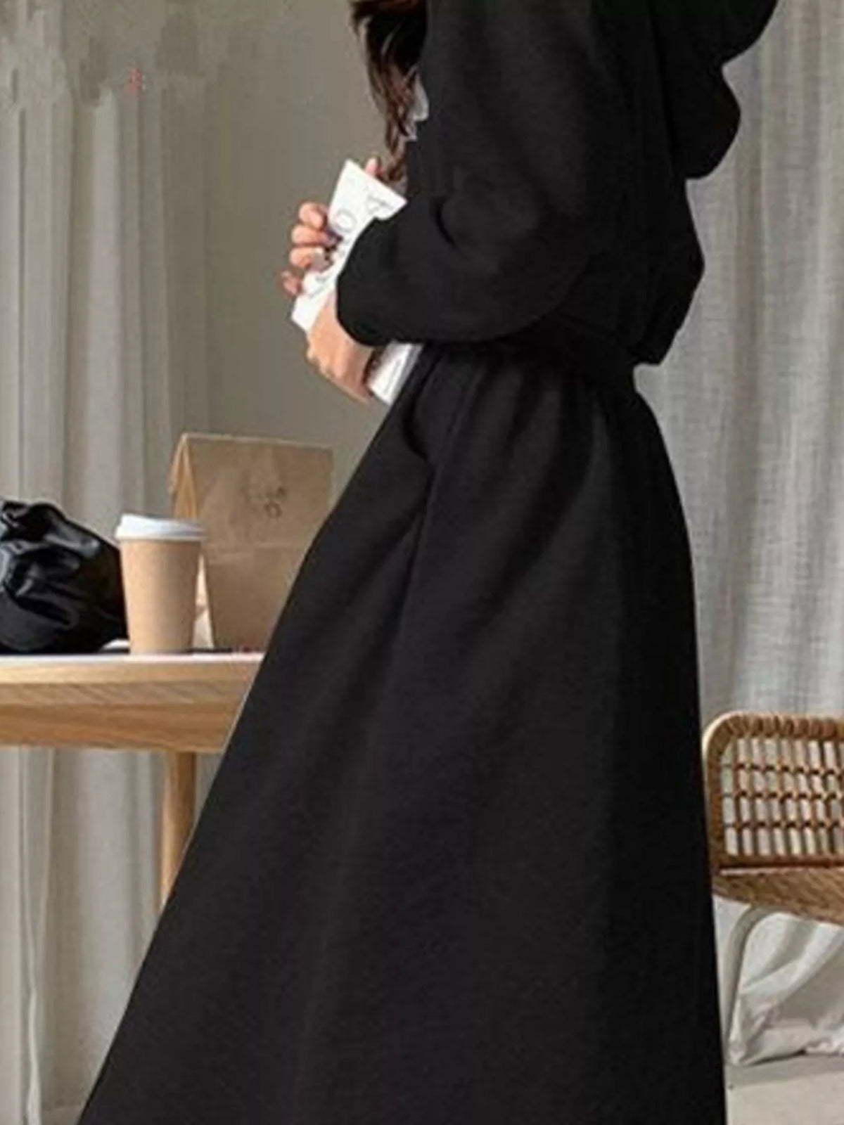 Hooded Long Sleeve A-Line Sweatshirt Dress in black