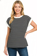 Trendsi Zenana Full Size Contrast Trim Cap Sleeve Stripe Tee Plus Size -