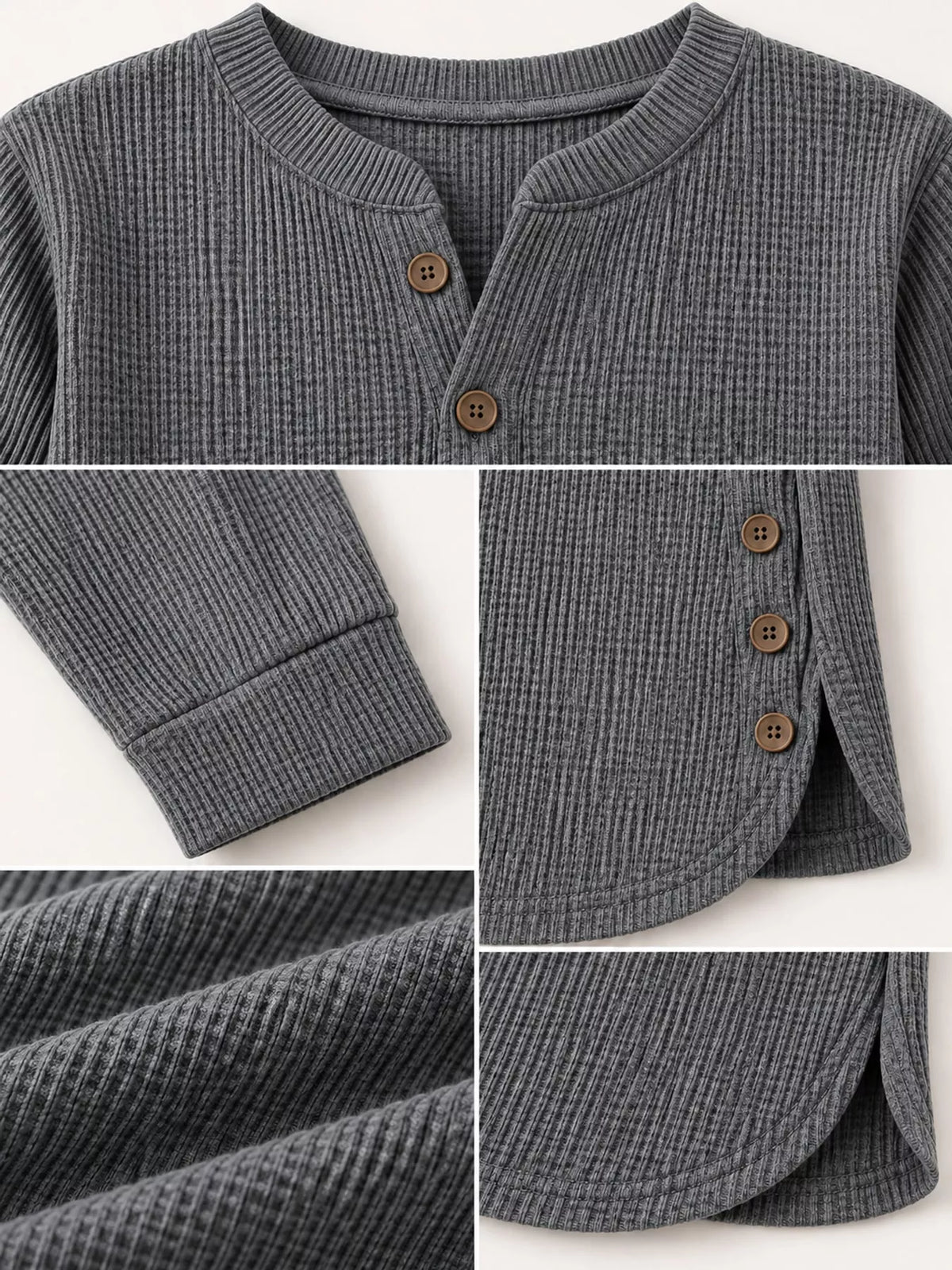 Gray button detail long sleeve top, detail view