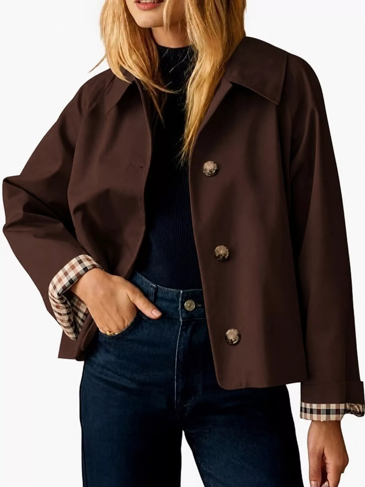 Cropped trench jacket, brown front
