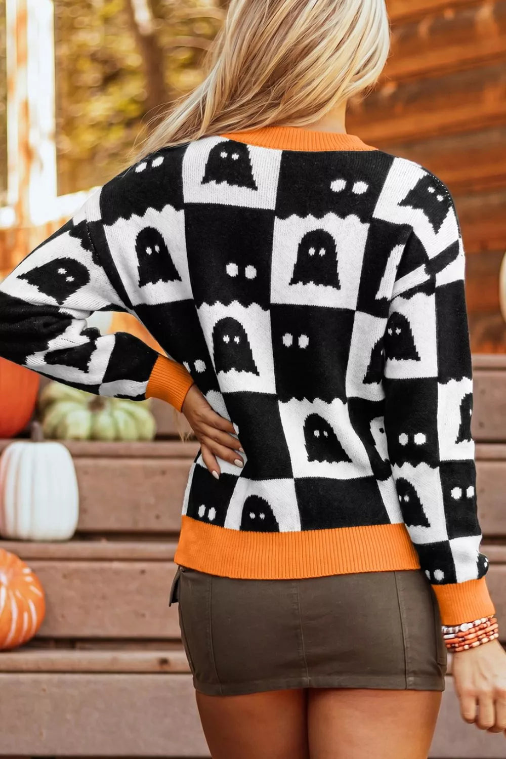 Trendsi Halloween Ghost Pattern Checkerboard Sweater -