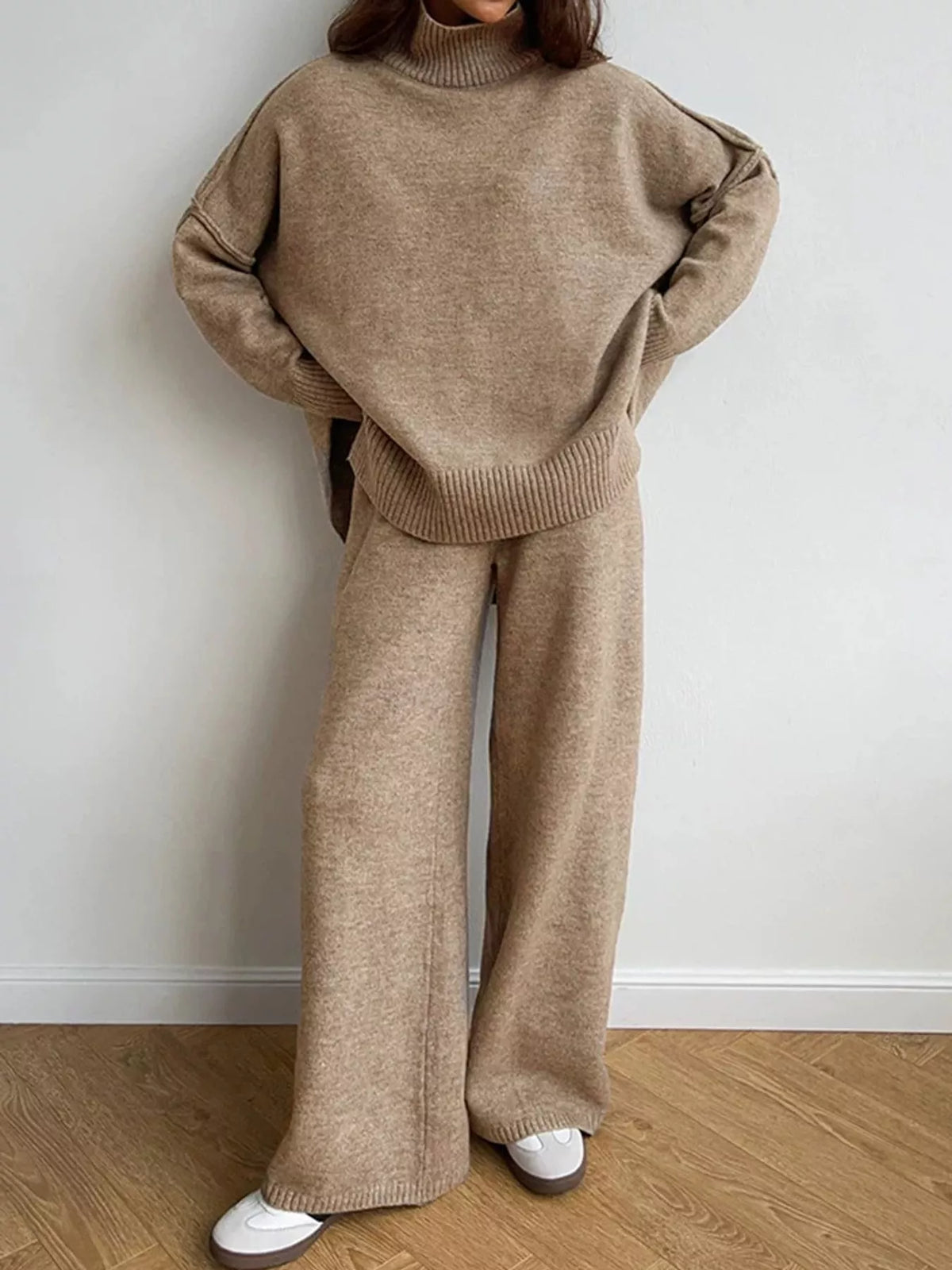 Oversized Turtleneck Knit Top and Wide-Leg Pants Sweater Set in camel