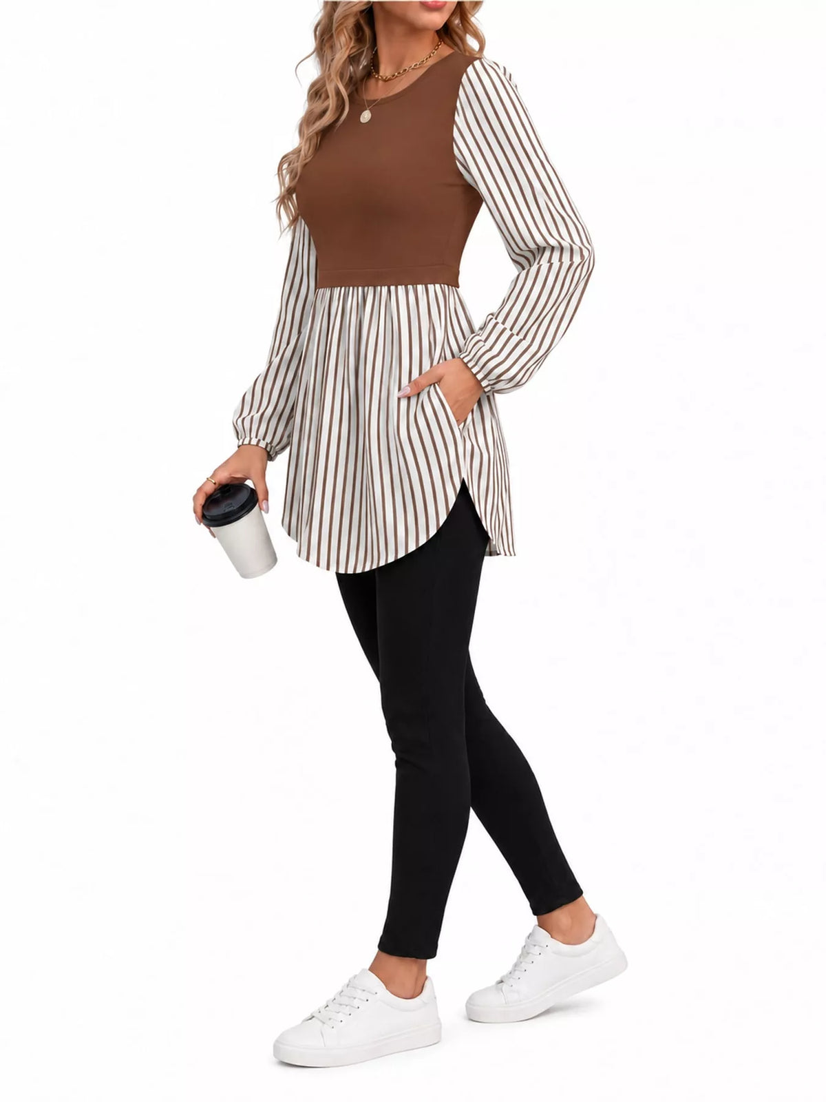 Contrast Panel Long Sleeve Tunic Blouse — side view