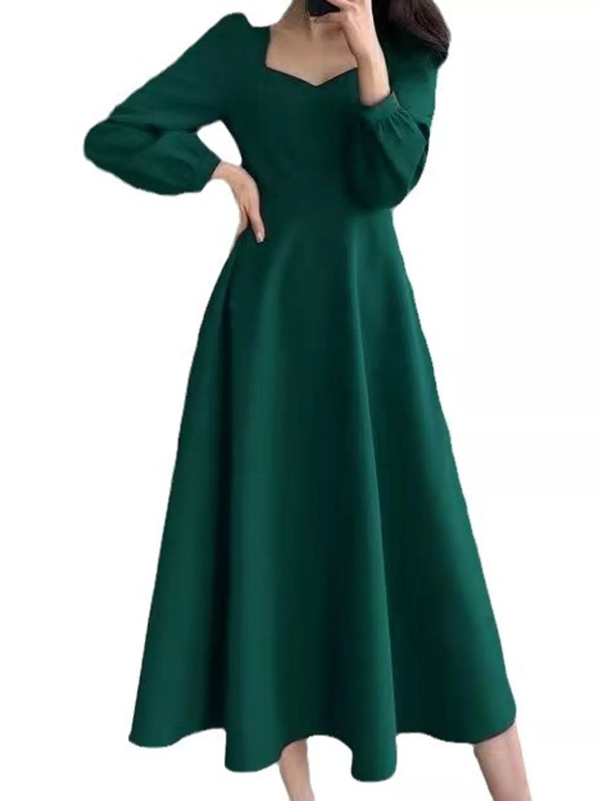 Green long sleeve a line midi dress, front view
