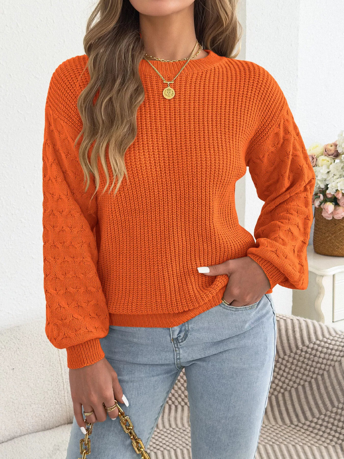 Orange textured dropped shoulder sweater