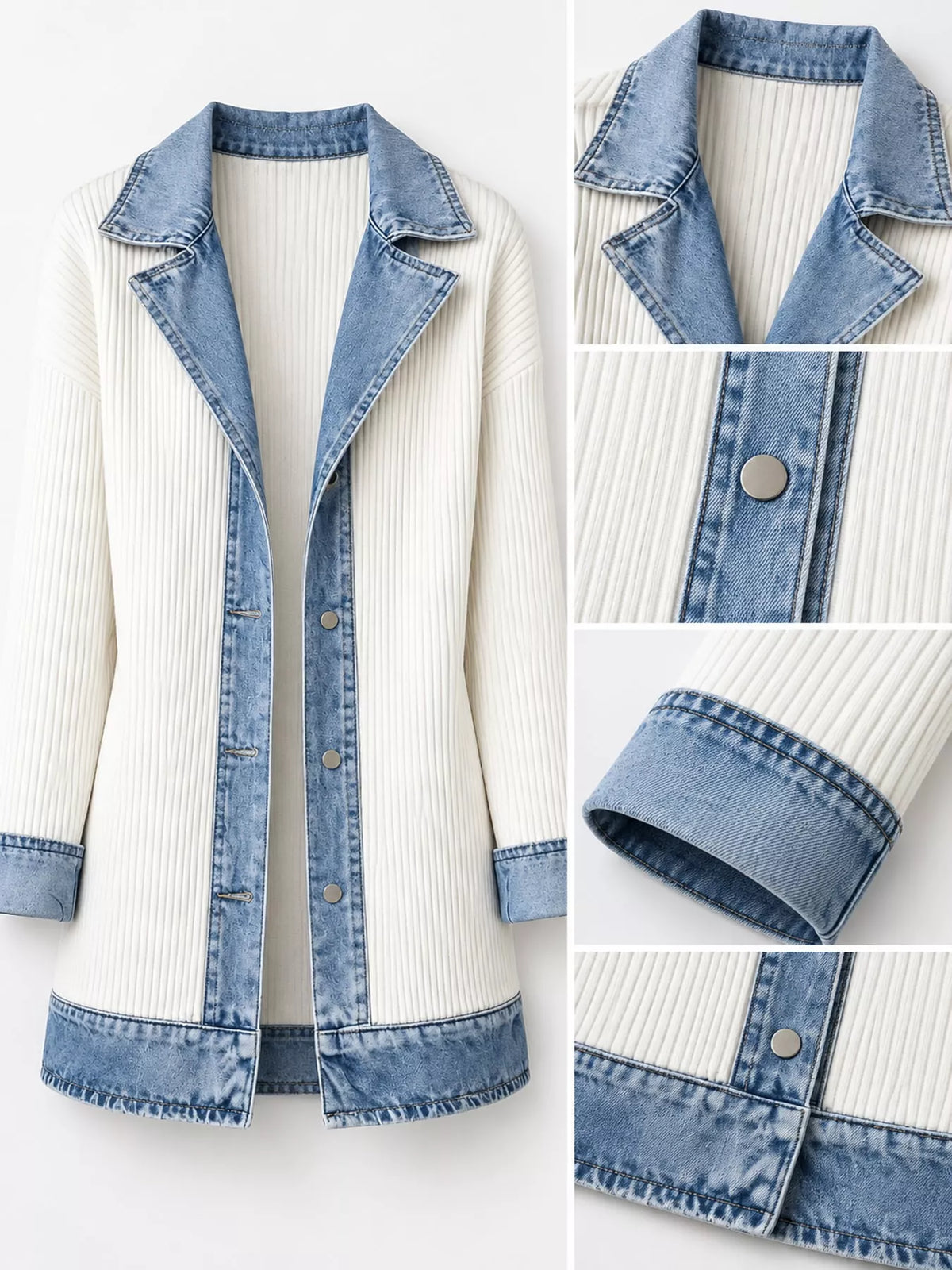 White denim trim ribbed knit cardigan, denim-trim lapel, cuff, and hem close-ups