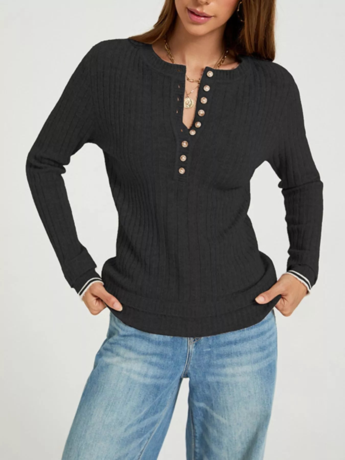 Trendsi Button Detail Ribbed Knit Top -