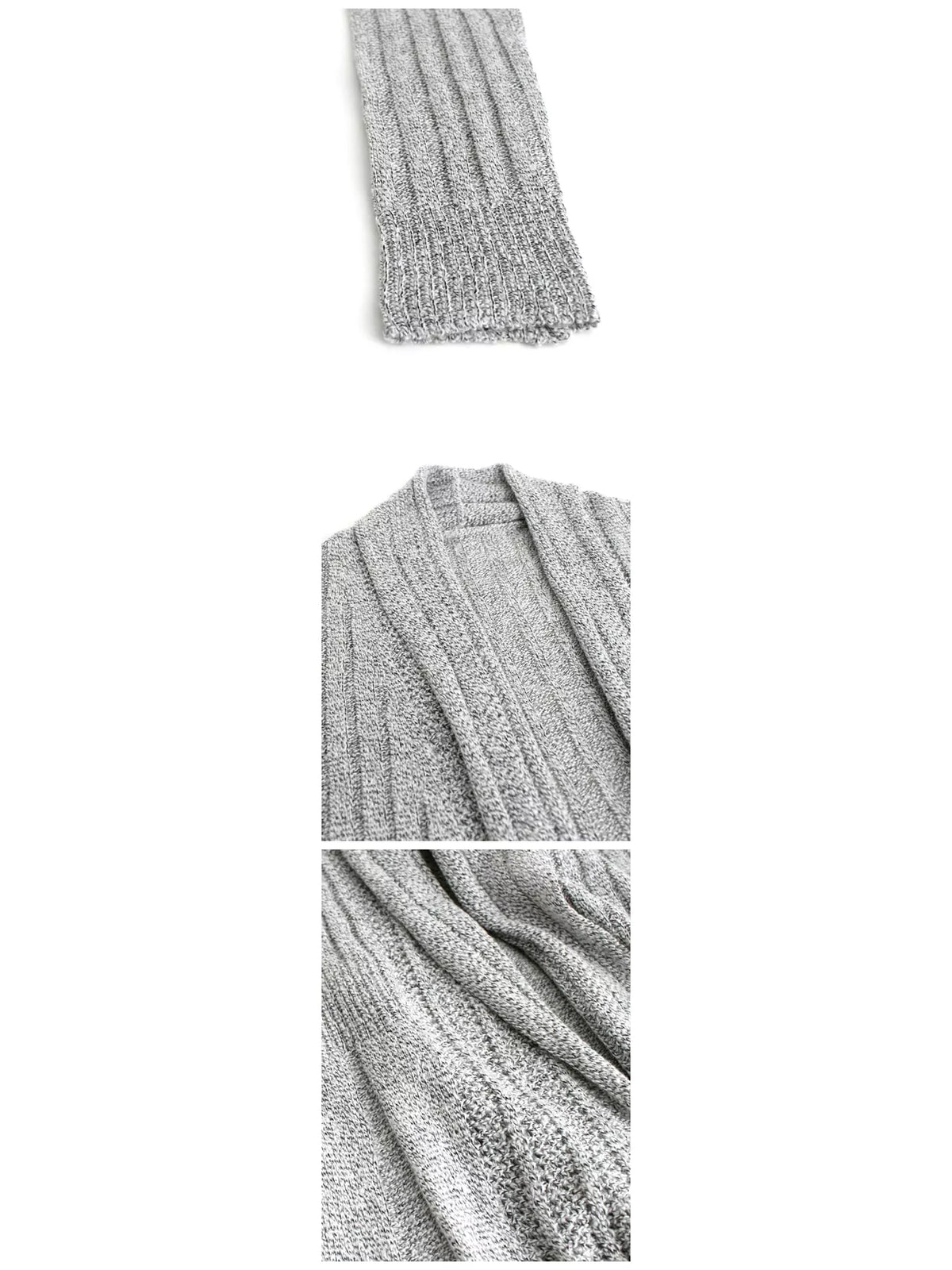 Light Gray ribbed knit open front flared cardigan, detail view