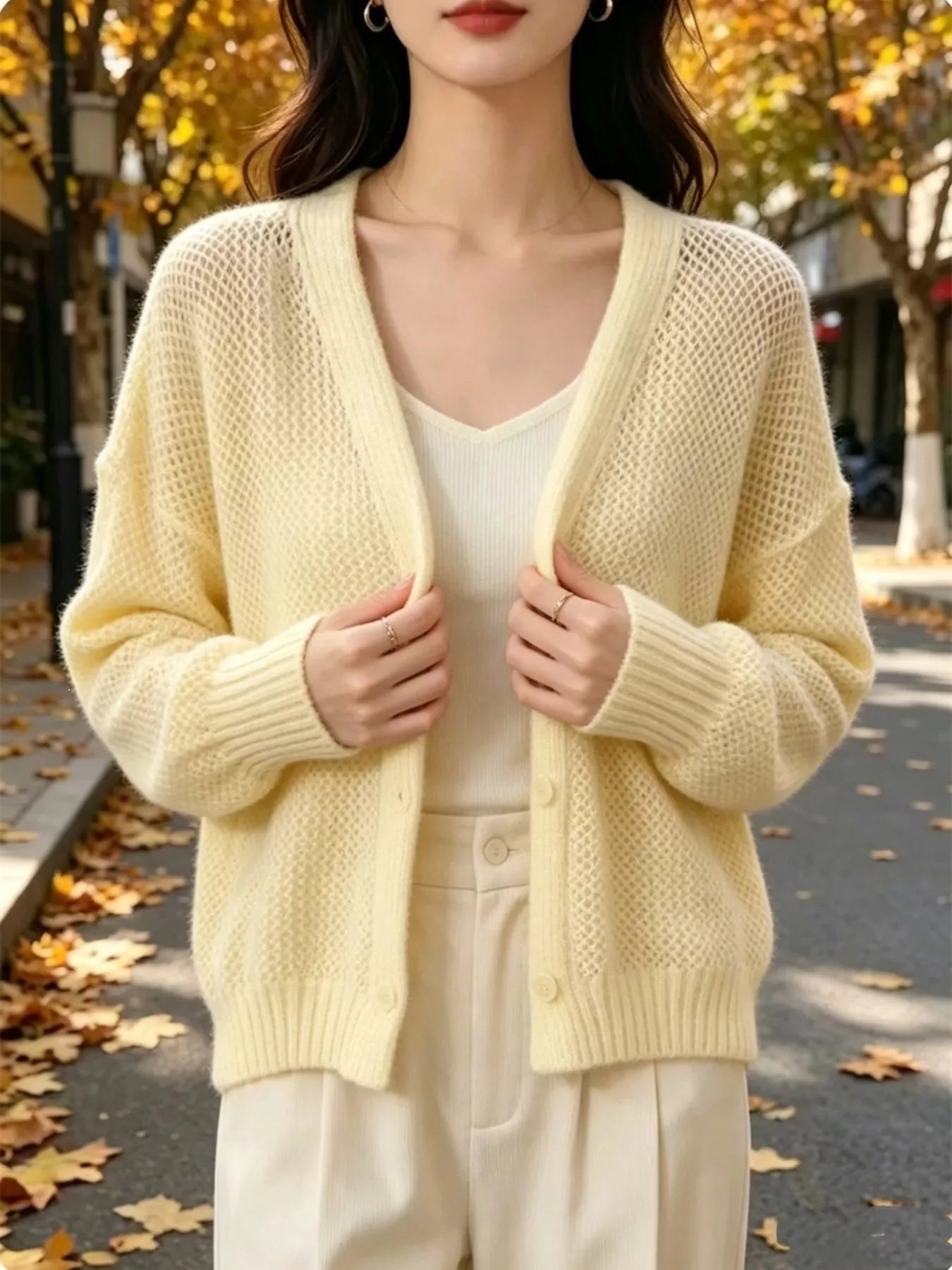 Trendsi V-Neck Open-Knit Button-Down Cardigan -