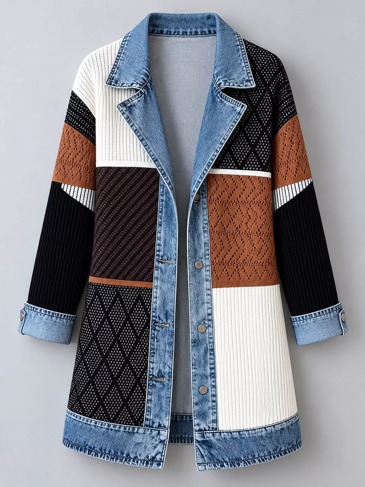 Multicolor denim trim ribbed knit cardigan