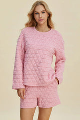 Trendsi Double Take Full Size Texture Round Neck Long Sleeve Top and Shorts Set -