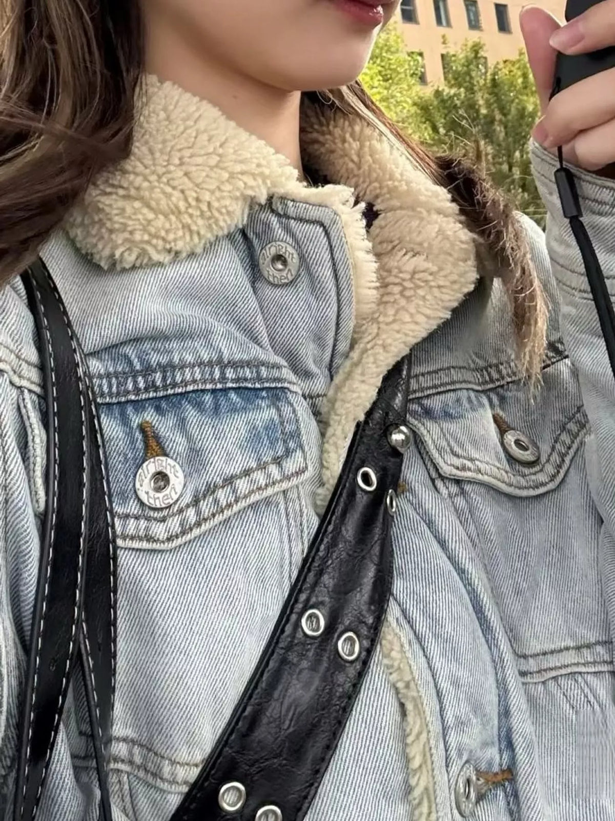 Women's Sherpa-Lined Denim Jacket in light blue — collar detail view