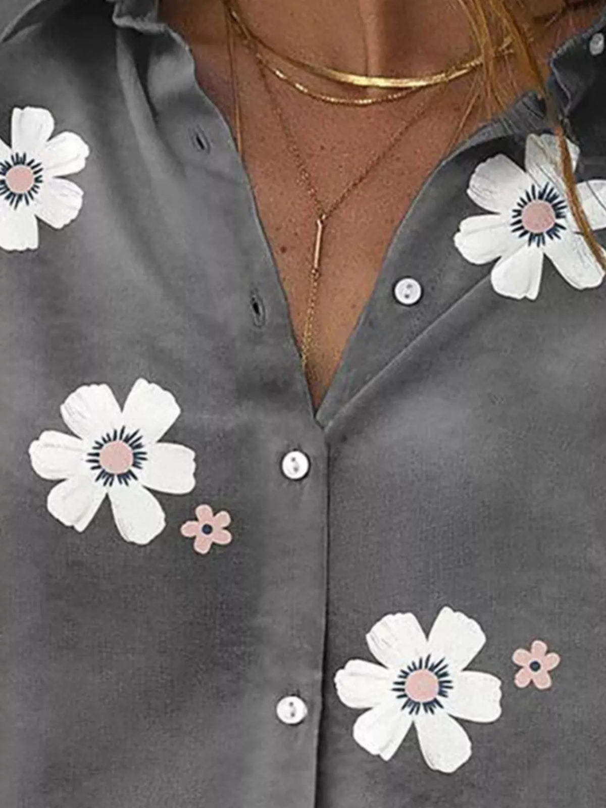Dark Gray Floral Print Button-Down Casual Shirt alternate view
