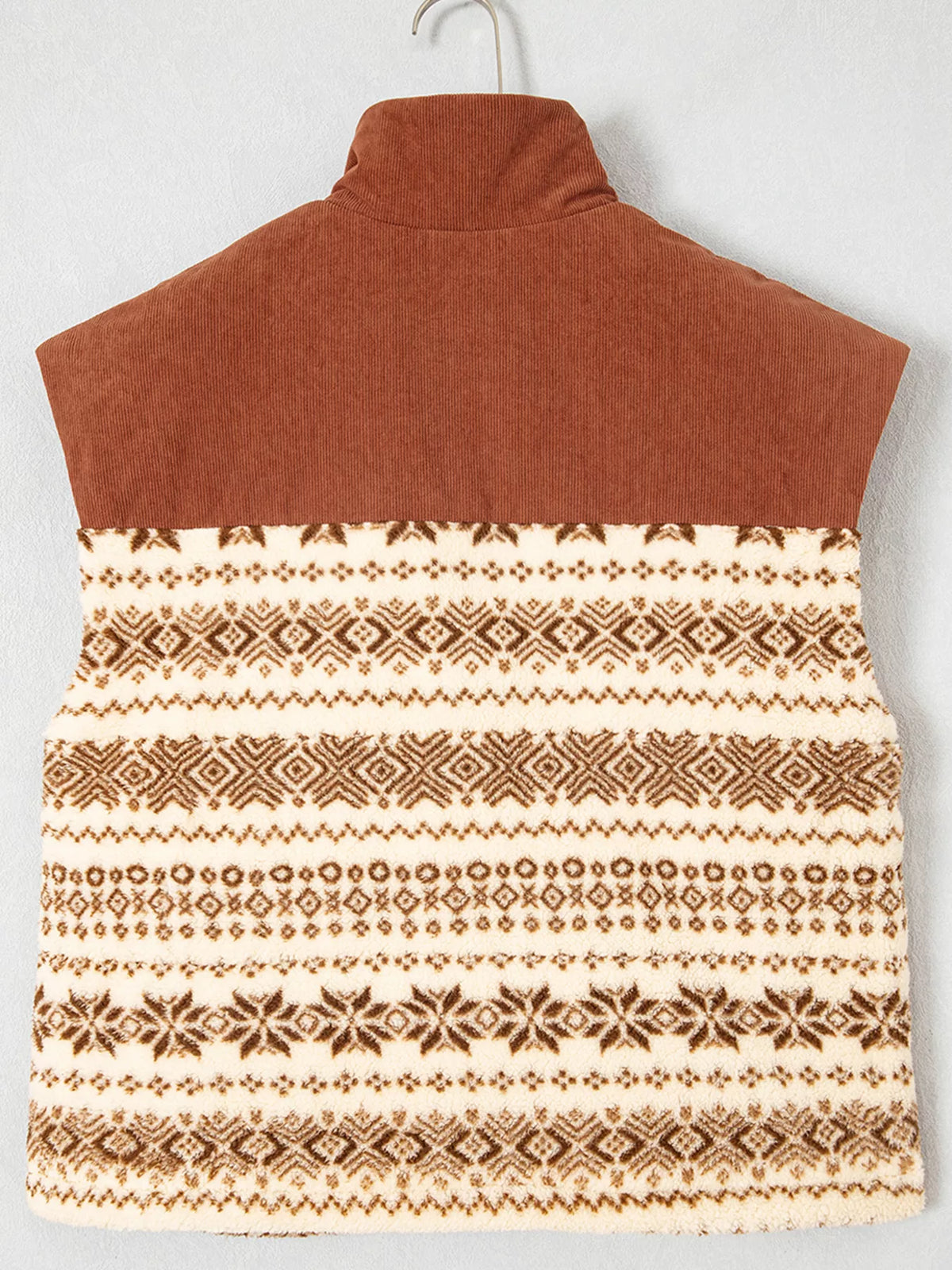 Geometric fleece vest, hanging back