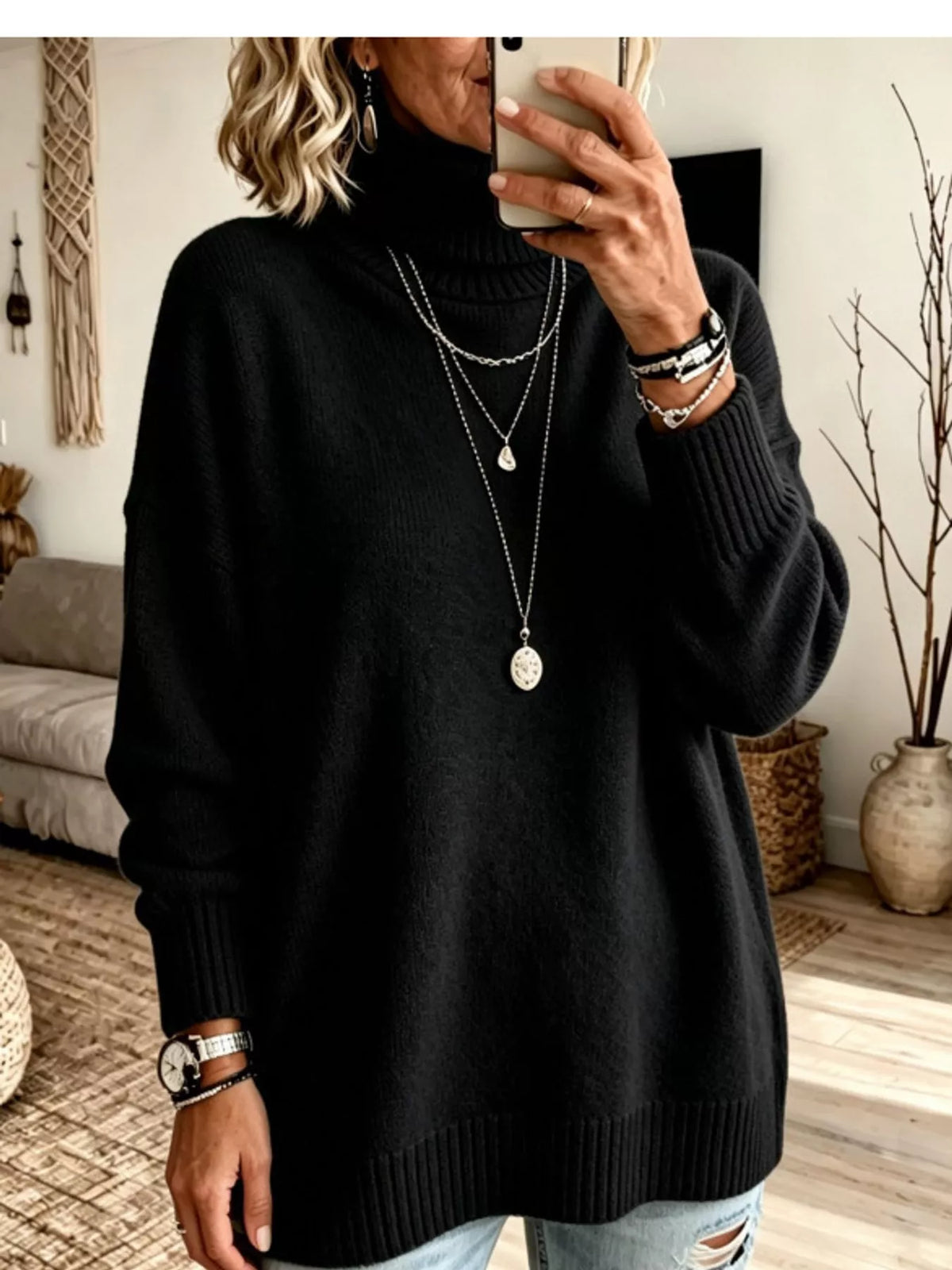 Oversized Turtleneck Pullover Sweater — front view
