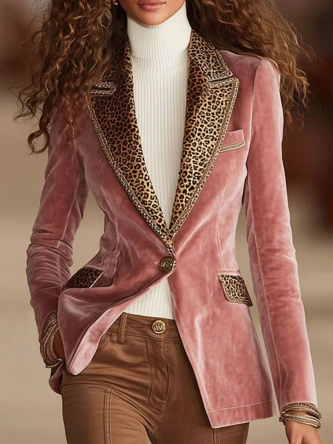 Pink Leopard Collar One Button Blazer front view