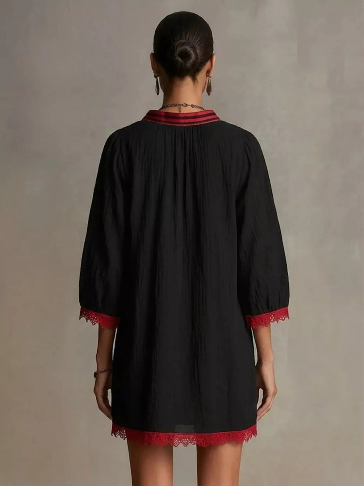 Black Lace-Trim Notched Long Sleeve Mini Dress back view