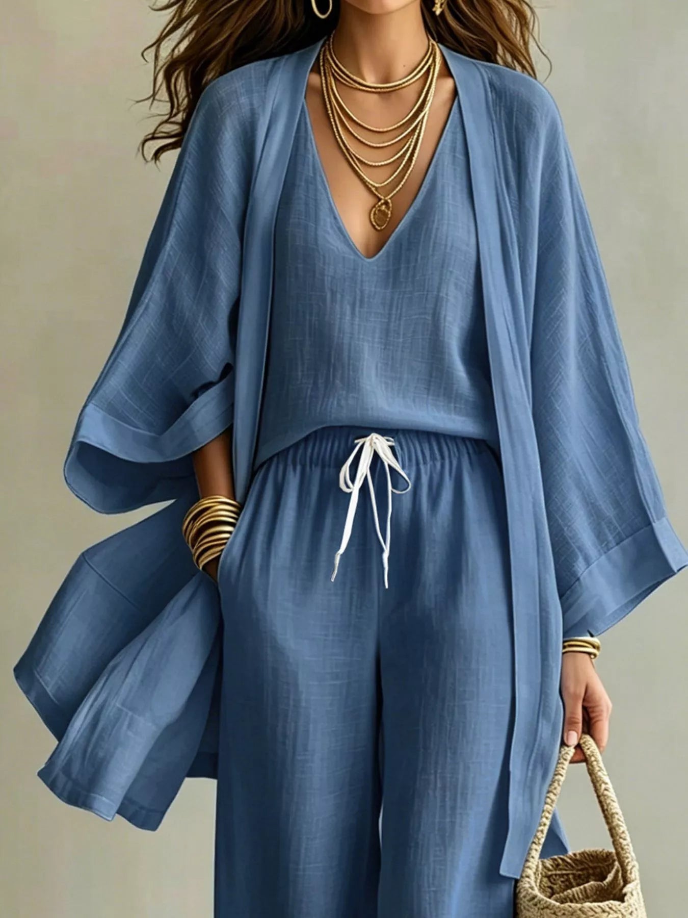 Trendsi V-Neck Top & Cardigan & Pants Three-Piece Set -