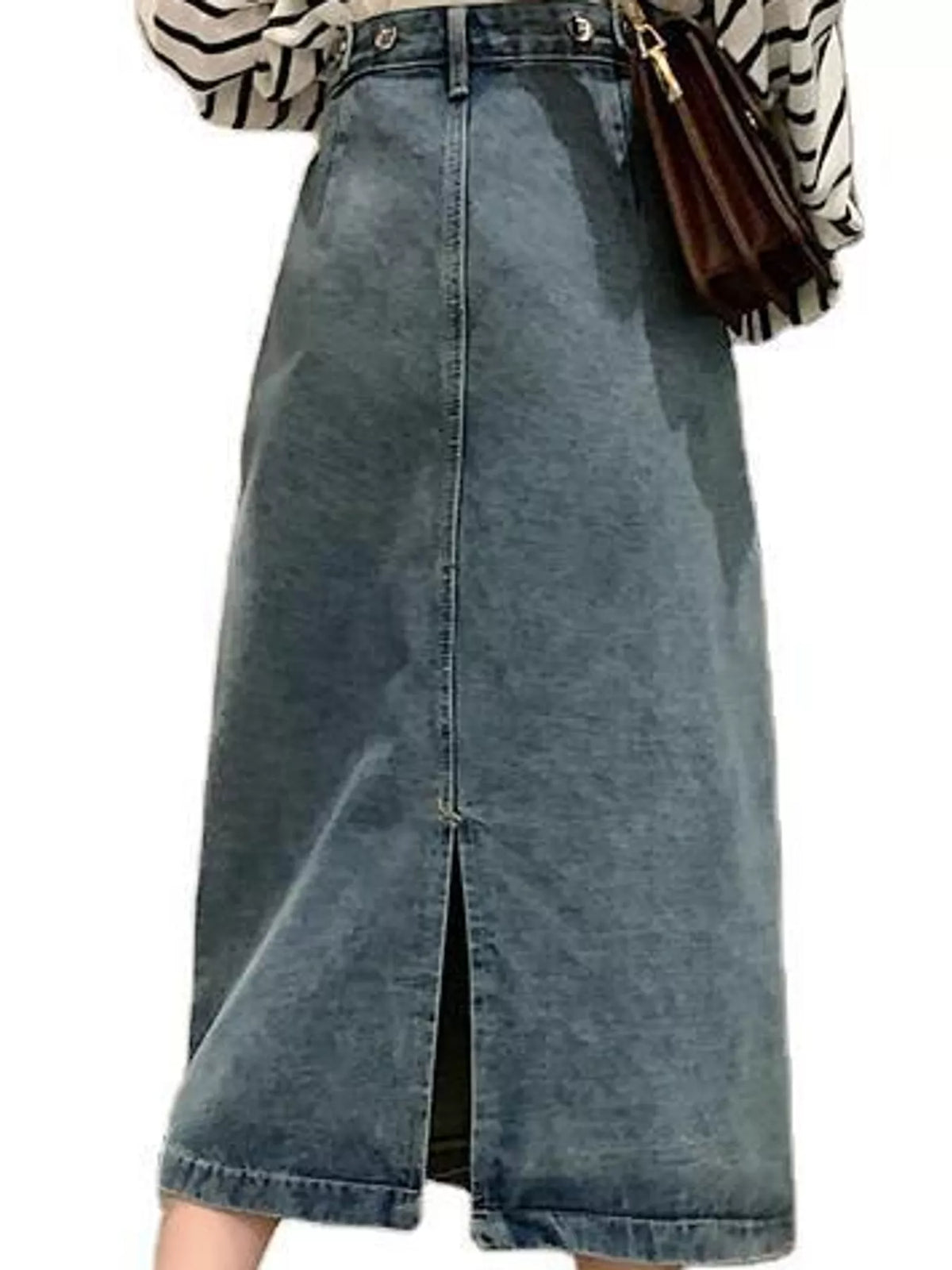 High-waisted denim midi skirt — light blue back slit