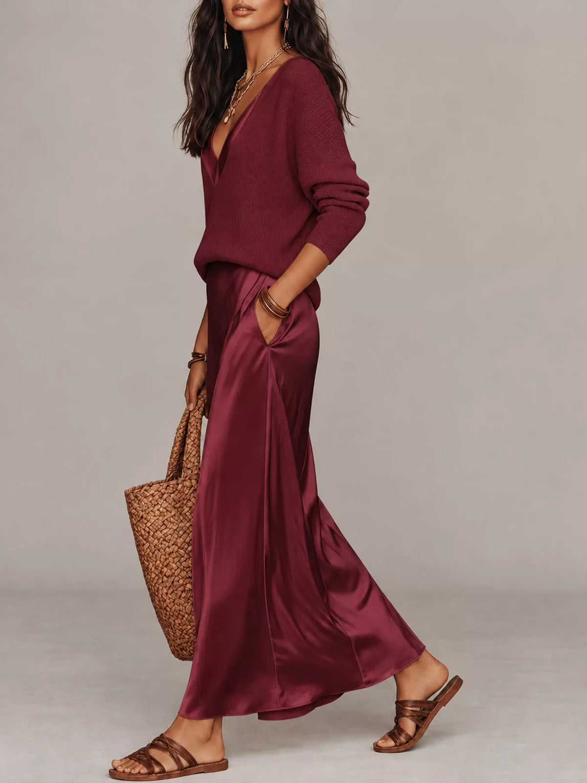 Burgundy-Set v-neck top and satin midi skirt set