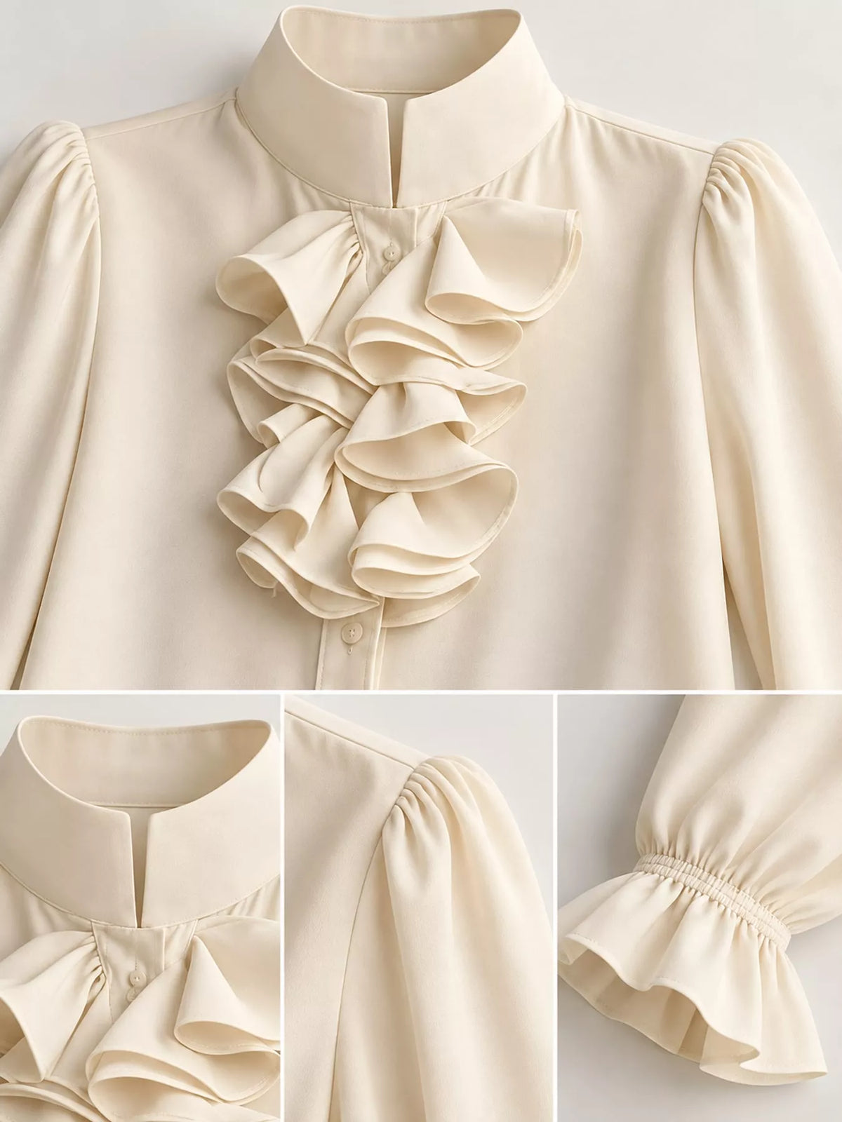 Ruffled Stand-Collar Blouse with Long Lantern Sleeves, collar cuff and placket detail