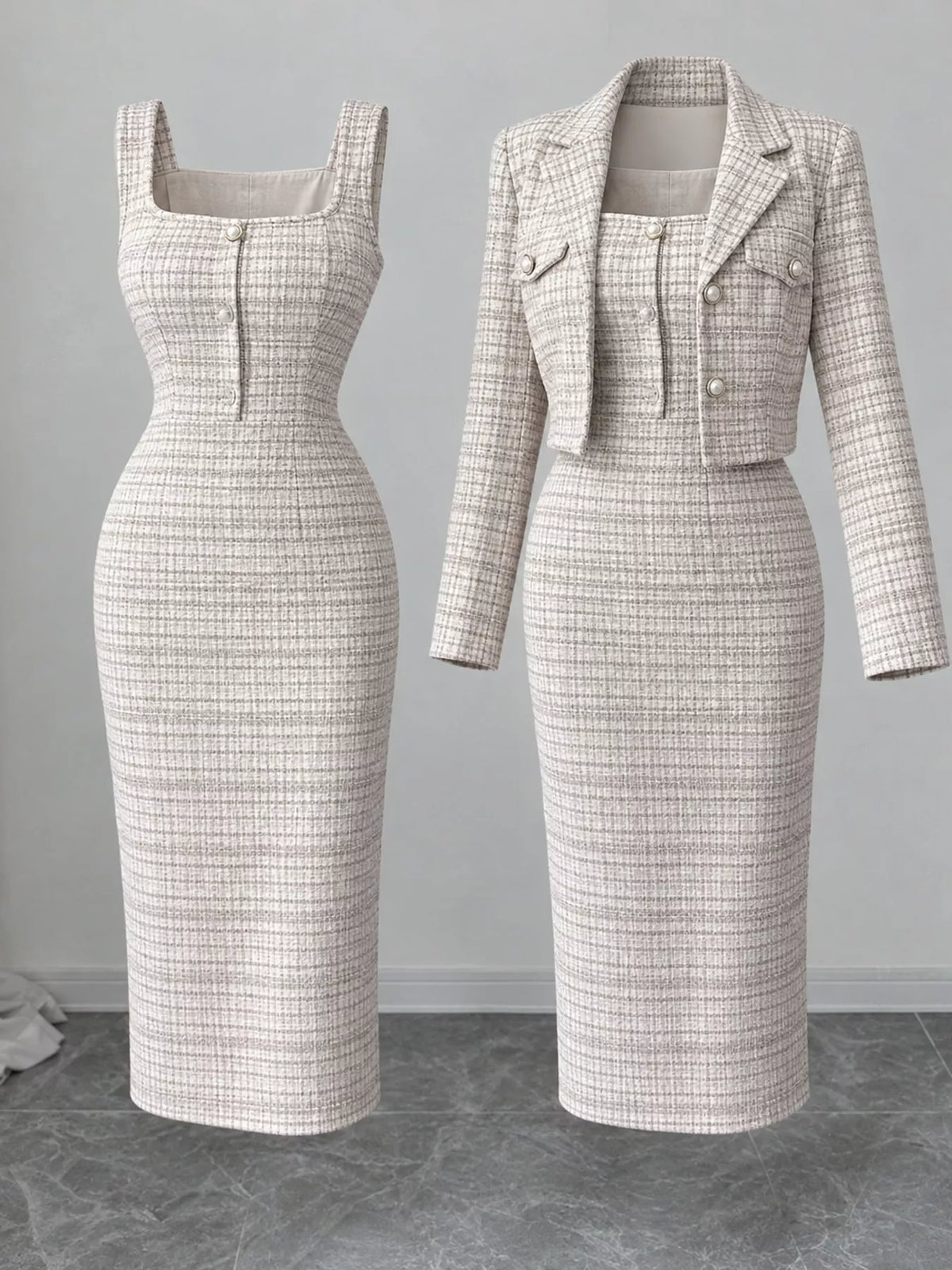 Tweed dress and cardigan set, beige set with and without cardigan